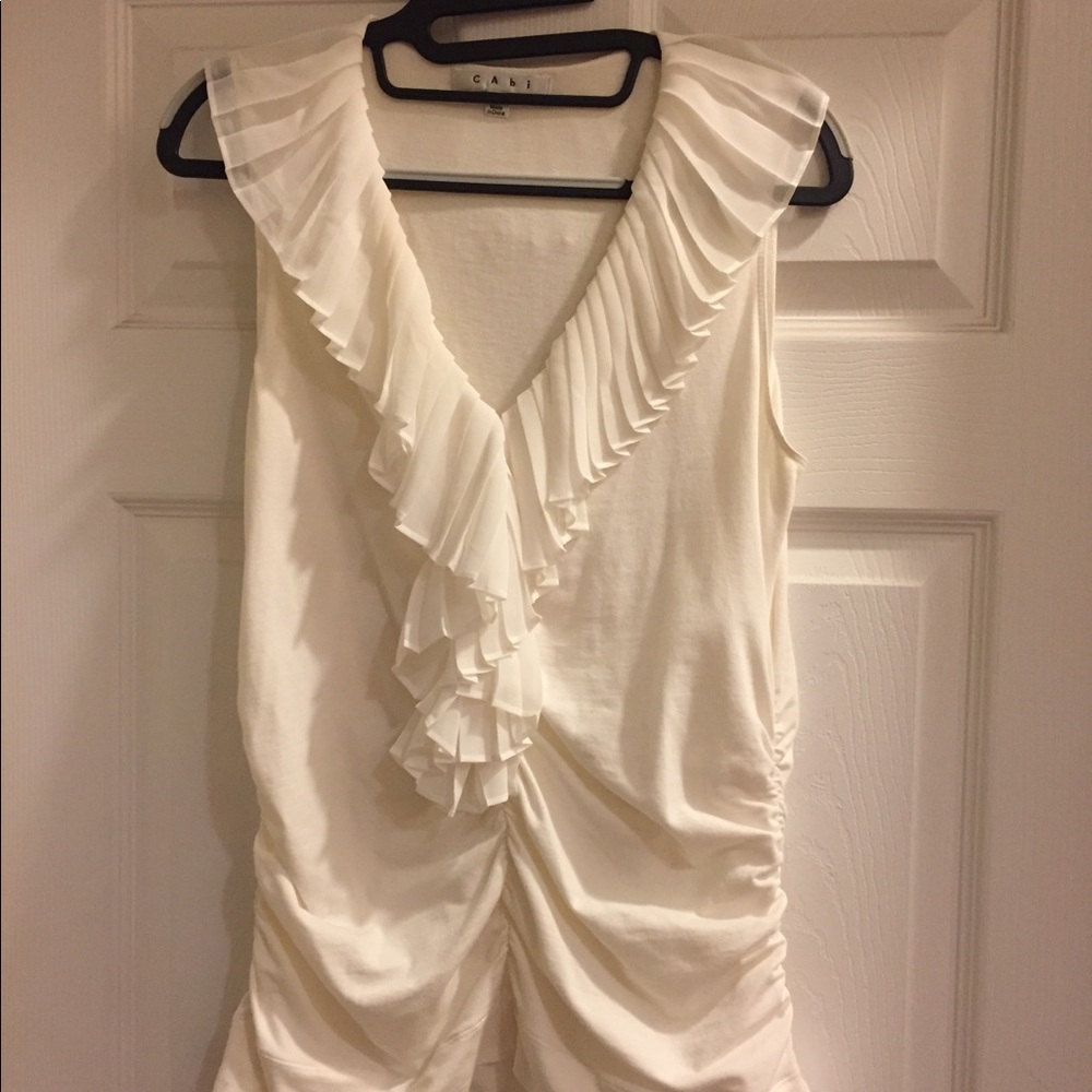CAbi ruched tee with feminine neckline!